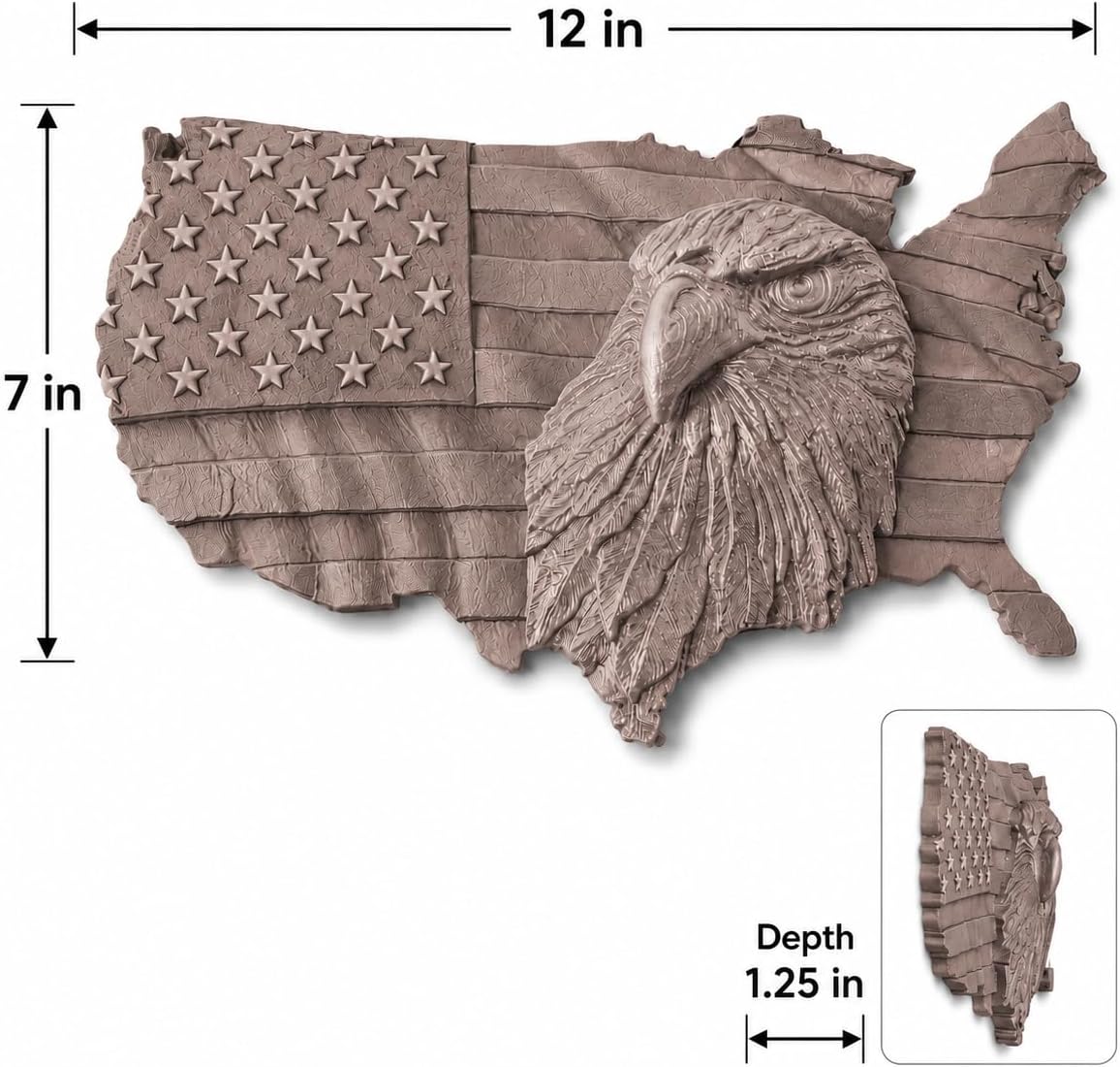 American Flag Eagle Wall Decor, Wood Colored | 3D Patriotic USA Map Wall Mount, Raised Eagle Stars and Stripes, July 4th Independence Day Decor, 12 Inch
