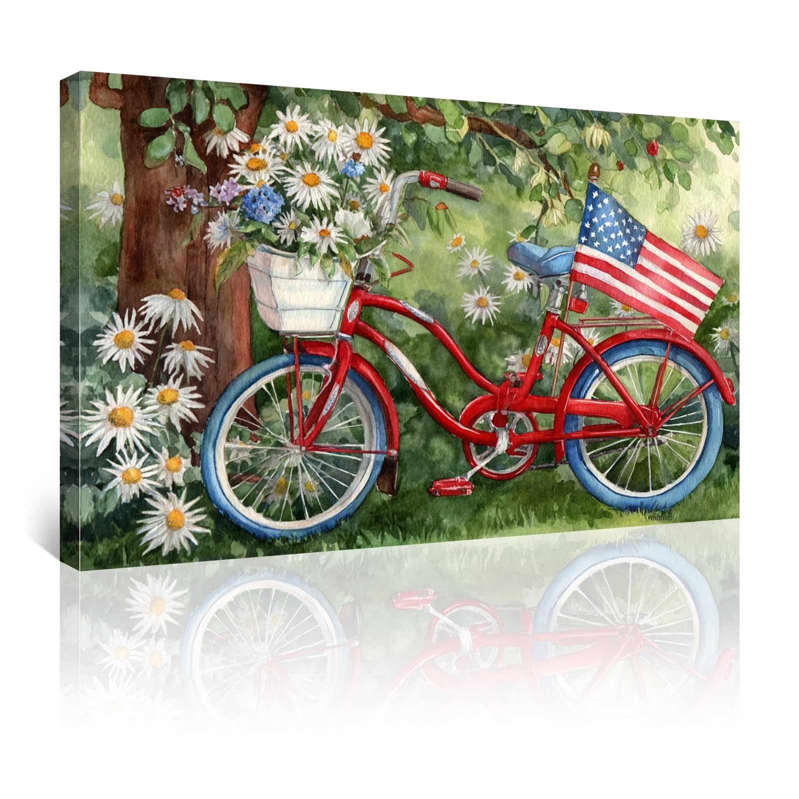 Azatyam American Flag Wall Art Patriotic Floral Picture USA Americana Decor Red White Rose Painting Wildflower Canvas Prints Vintage Country Style Artwork for Living Room Office Bedroom Wall Decor 16" x 24"