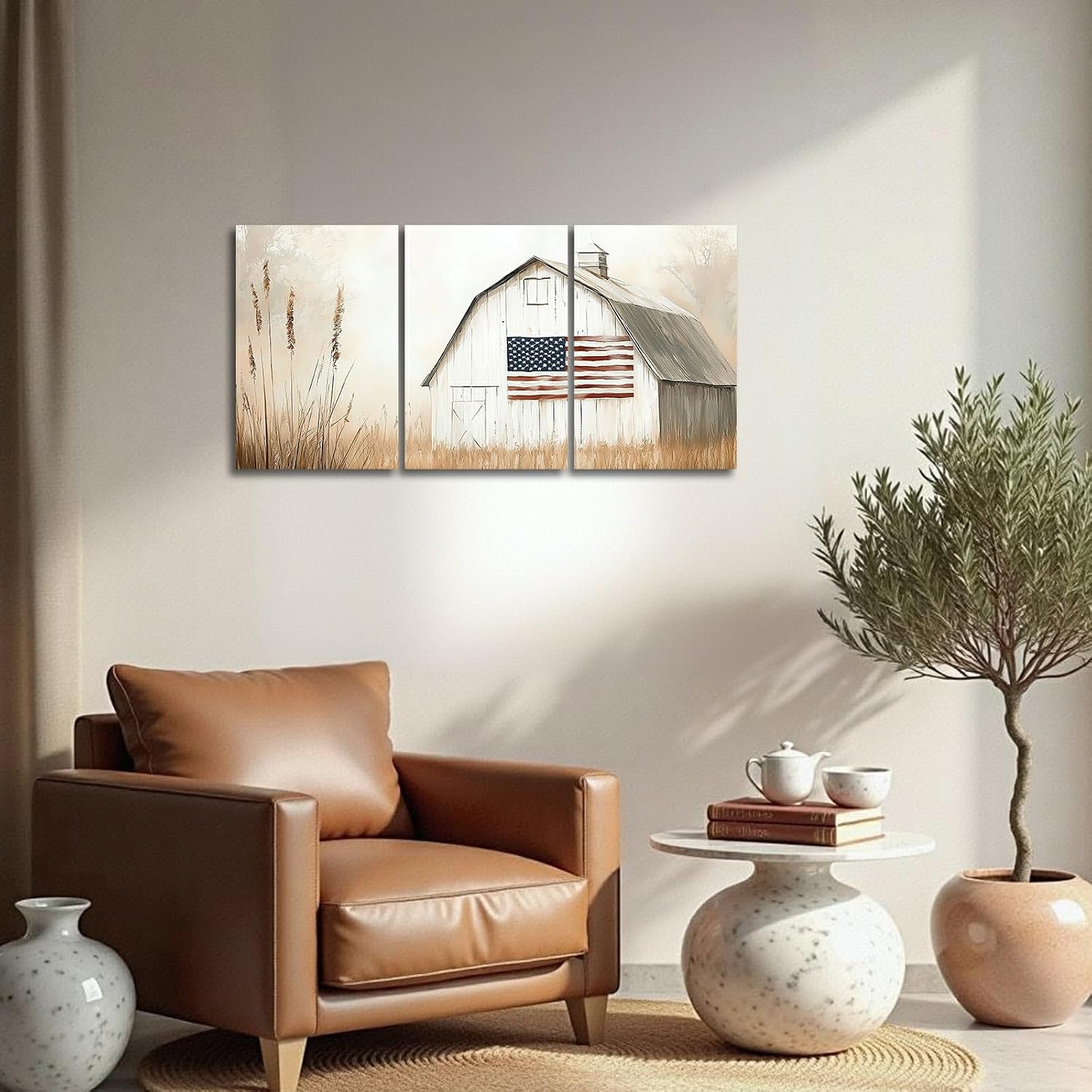 YMXDYMJSW 3 Pieces Vintage Barn Wall Art American Flag & Barn Pictures Farmhouse Landscape Canvas Prints Patriotic Flag Paintings for Living Room Decor Frame (White,16.00" x 24.00" x 3PCS)