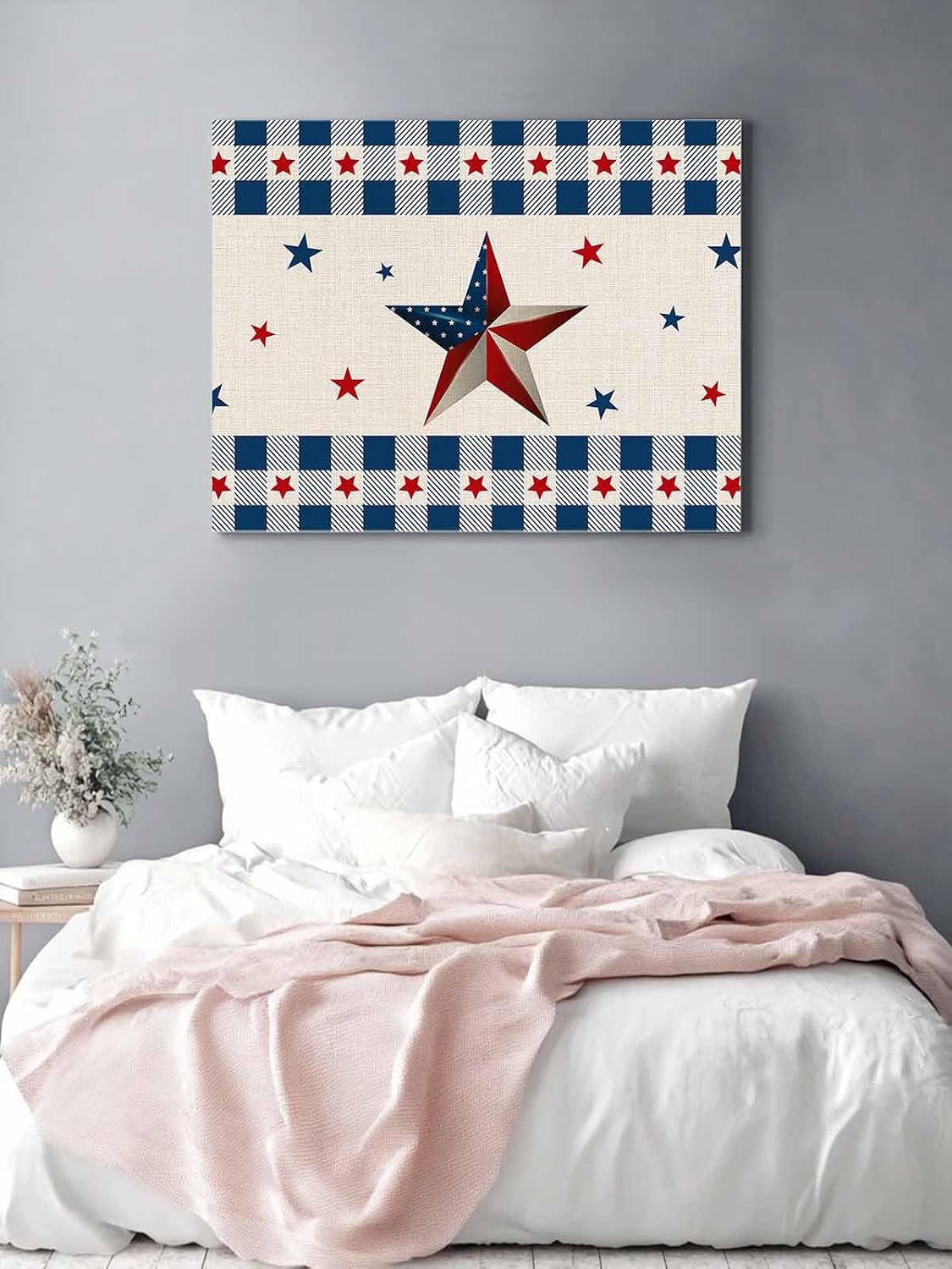 Vintage American Country Stars Blue Red Canvas Wall Art Retro Linen Burlap Wall Painting Canvas Picture Prints Framed Artwork for Office Bedroom Bathroom Kitchen Home Decorations,20x16In