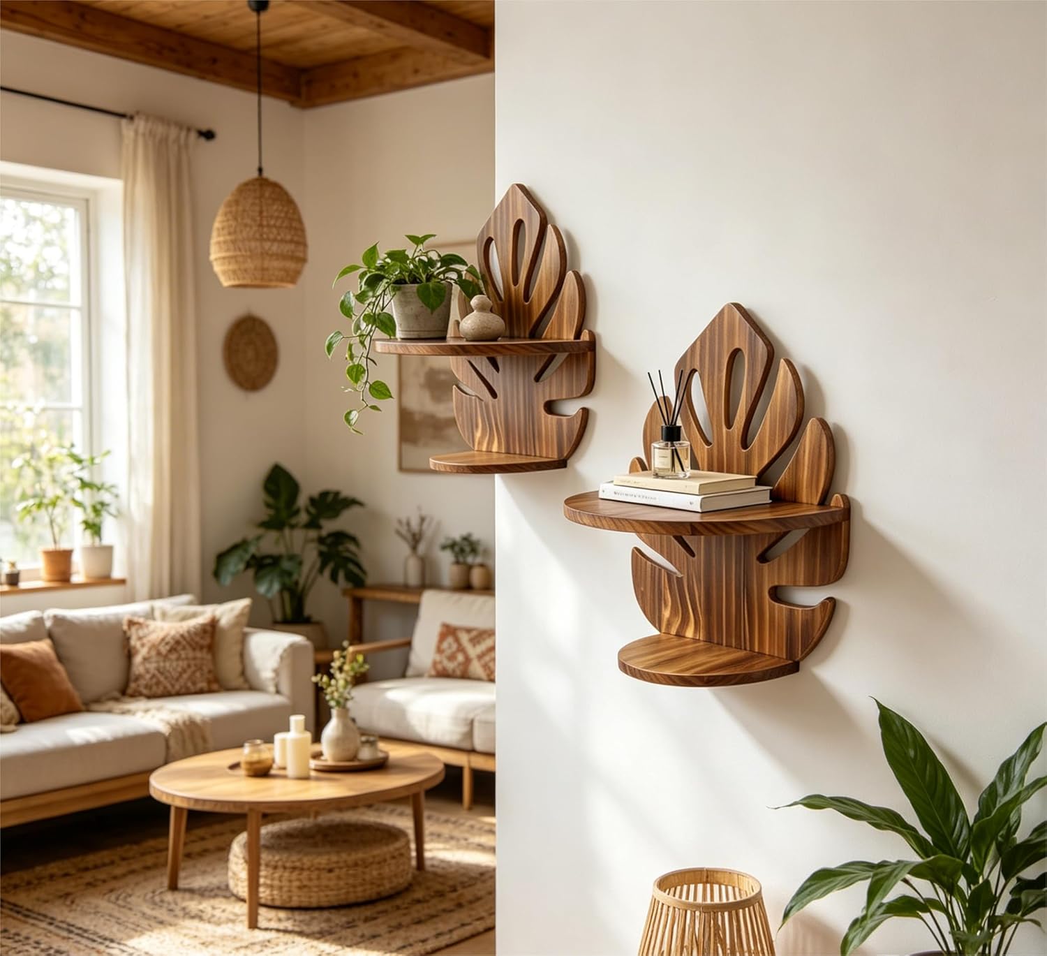 Valpeak 2 Pack Double Layer Floating Shelves for wall 15.8"*12.4" Palm Leaf Plant Shelf for Living Room, Bedroom, Kitchen, Office Decor
