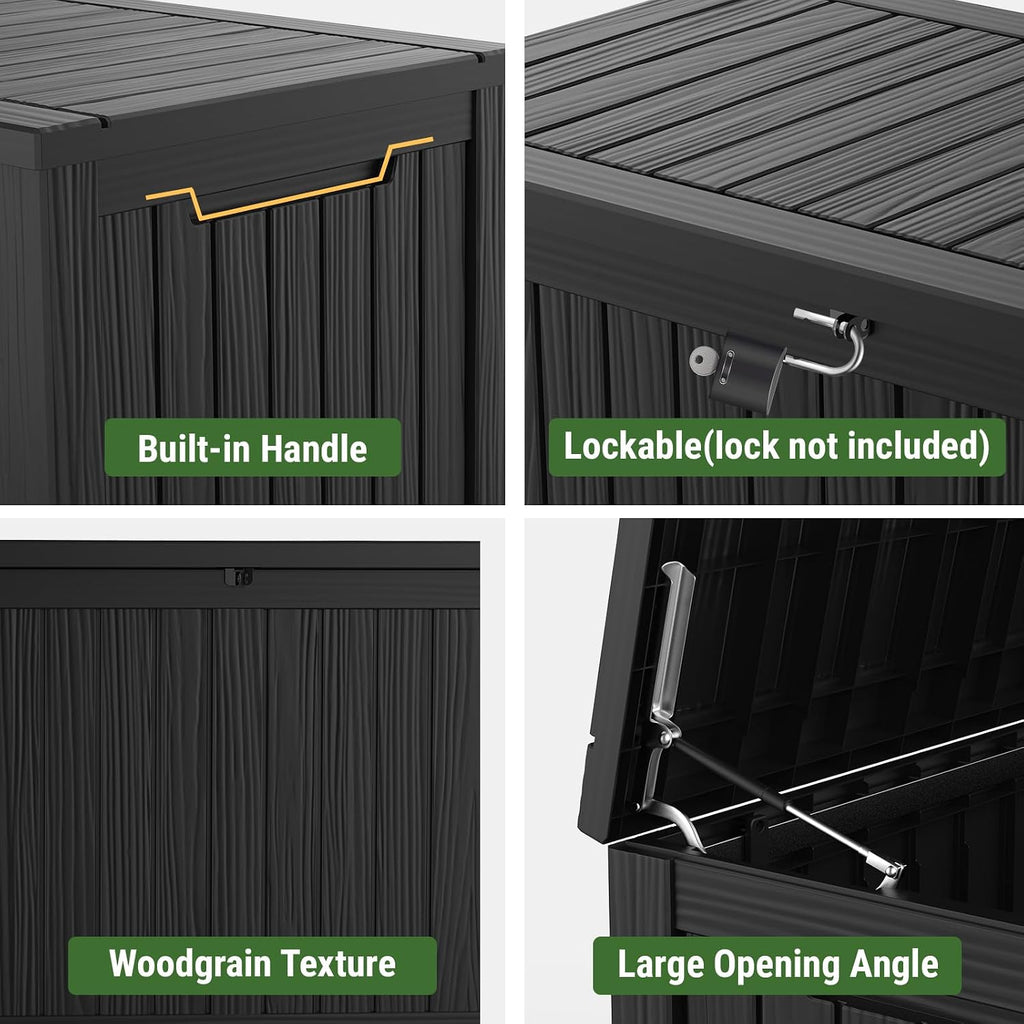 Mars Villa 180 Gallon Outdoor Storage Box Waterproof, Extra Large Resin Deck Box, Outside Storage Bin for Patio Furniture Cushion, Pool Supply, Sports Gear, UV Resistant and Weatherproof, Black