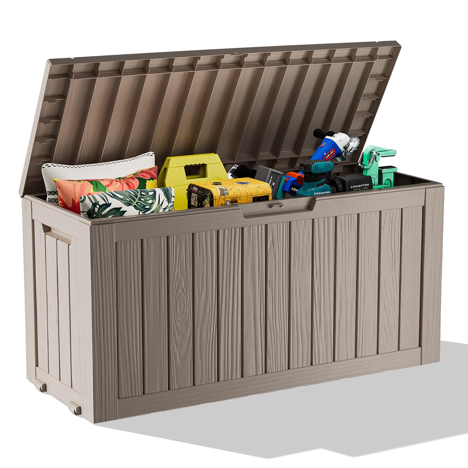 PatioZen 31 Gallon Wicker Pattern Resin Deck Box, Lockable Patio Outdoor Storage Box for Furniture, Garden Tools and Tools Storage, Waterproof Outside Storage Box (Grey)
