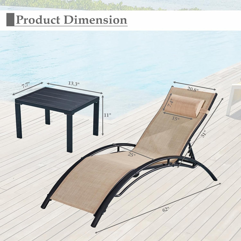 3PC Khaki Reclining Chaise Lounge with Side Table