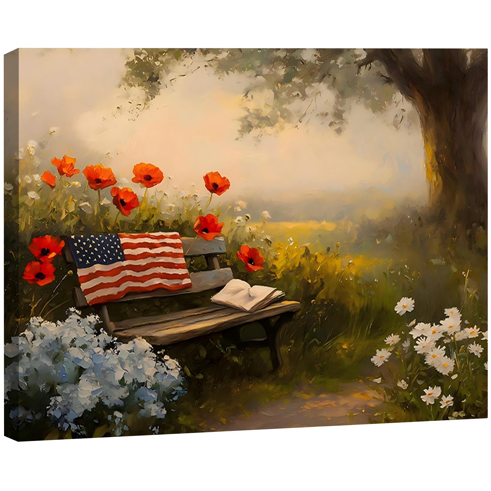 Vintage American Flag Wildflower Canvas Wall Art for Living Room, Framed Patriotic 4th of July Canvas Prints Pictures, Rustic Farmhouse Artwork for Enterway Bedroom Bathroom Wall Decor