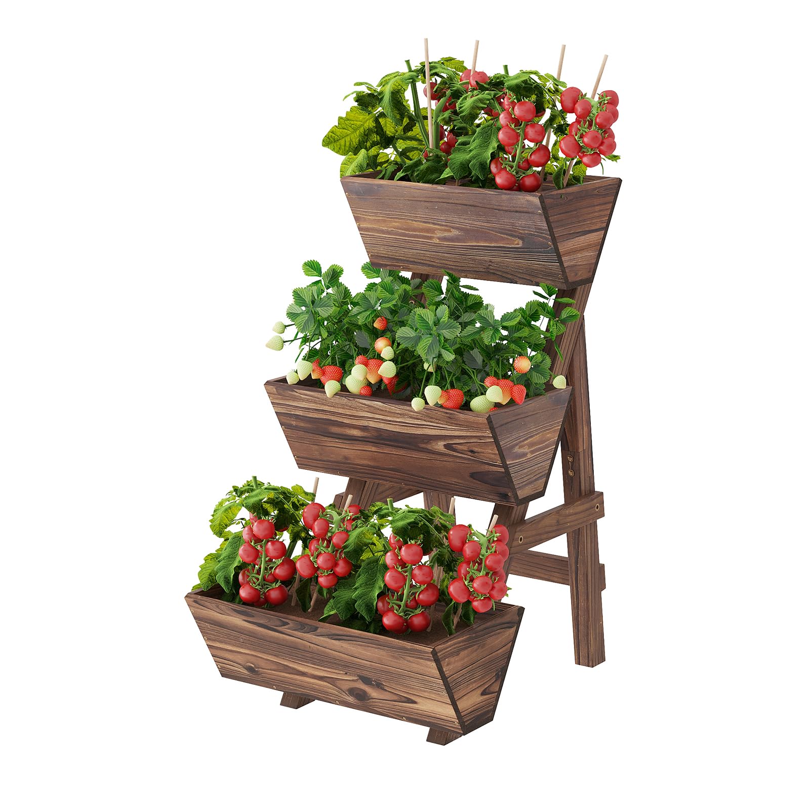 3-Tier Wooden Vertical Raised Garden Bed with Legs, Tiered Planter Box, Vertical Garden Planter,Wood Plant Stand Wood Flower Rack for Patio, Balcony, Freestanding. (Carbonized-Large)