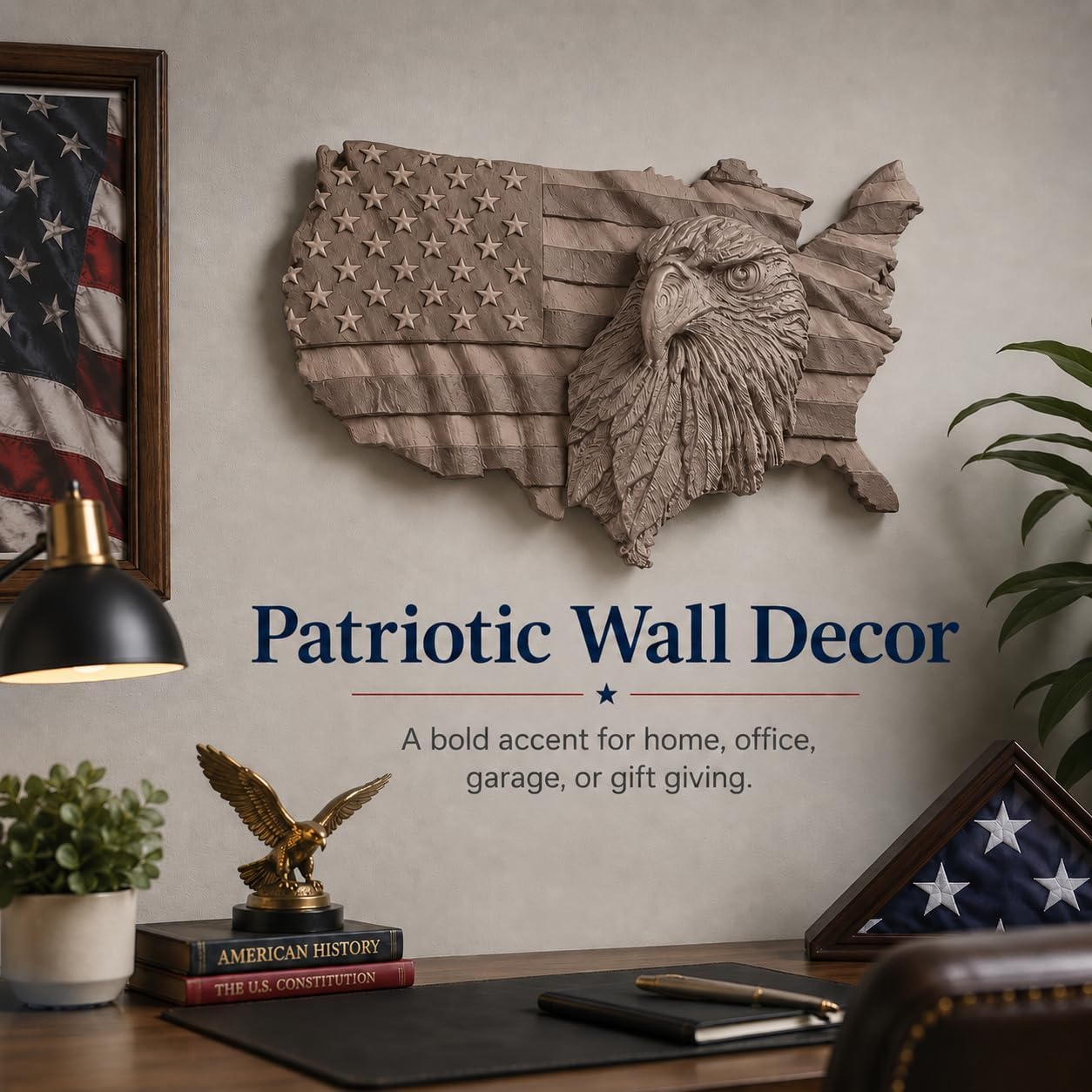 American Flag Eagle Wall Decor, Wood Colored | 3D Patriotic USA Map Wall Mount, Raised Eagle Stars and Stripes, July 4th Independence Day Decor, 12 Inch