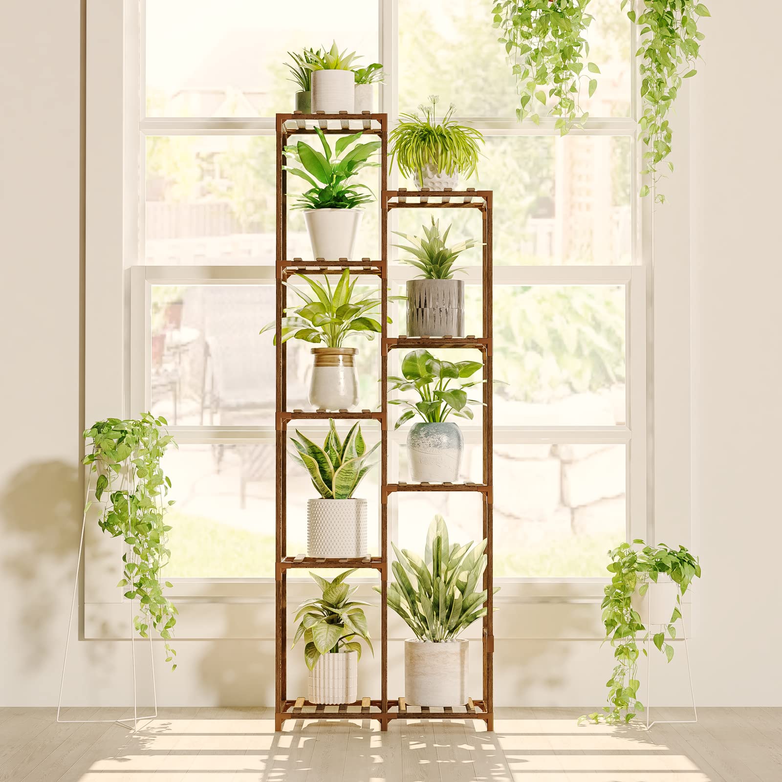Bamworld Large Plant Shelf Outdoor Wood Plant Stand Large Rack for Living Room Patio, Balcony and Garden