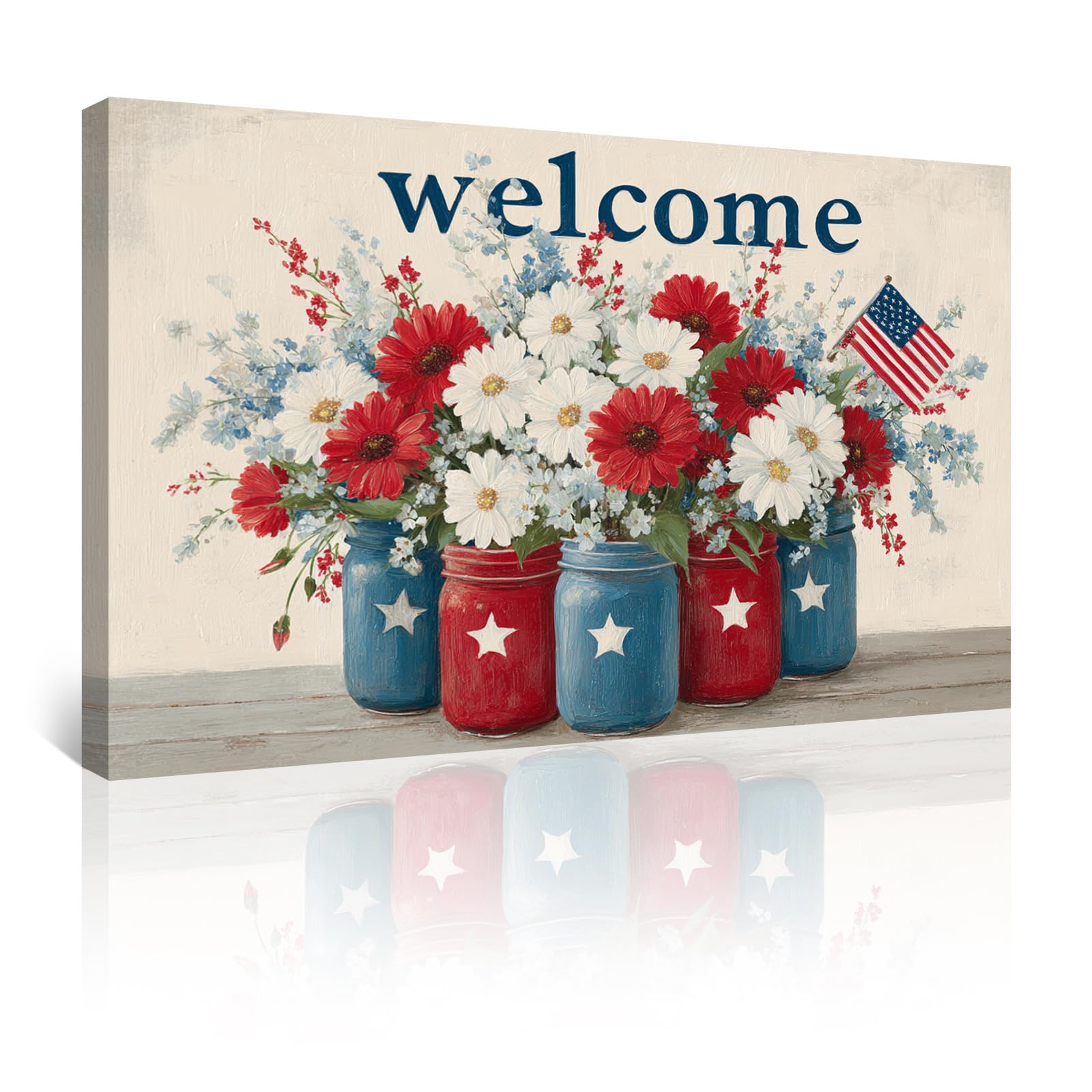 Azatyam American Flag Wall Art Patriotic Floral Picture USA Americana Decor Red White Rose Painting Wildflower Canvas Prints Vintage Country Style Artwork for Living Room Office Bedroom Wall Decor 16" x 24"