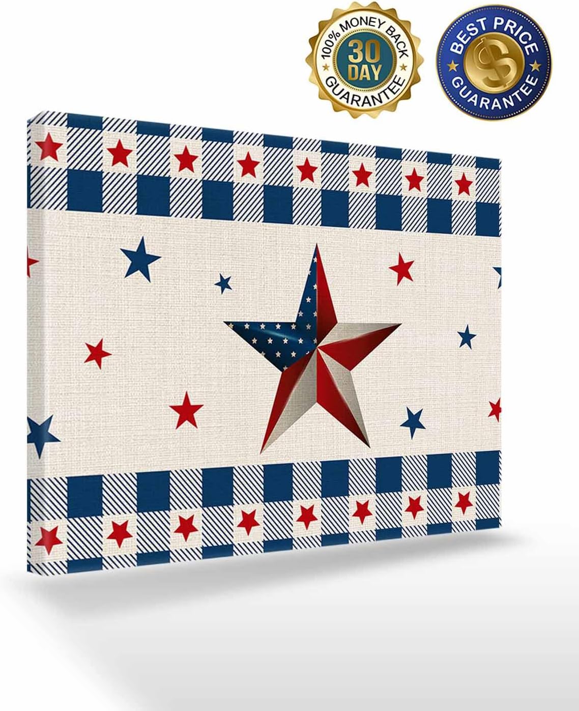 Vintage American Country Stars Blue Red Canvas Wall Art Retro Linen Burlap Wall Painting Canvas Picture Prints Framed Artwork for Office Bedroom Bathroom Kitchen Home Decorations,20x16In