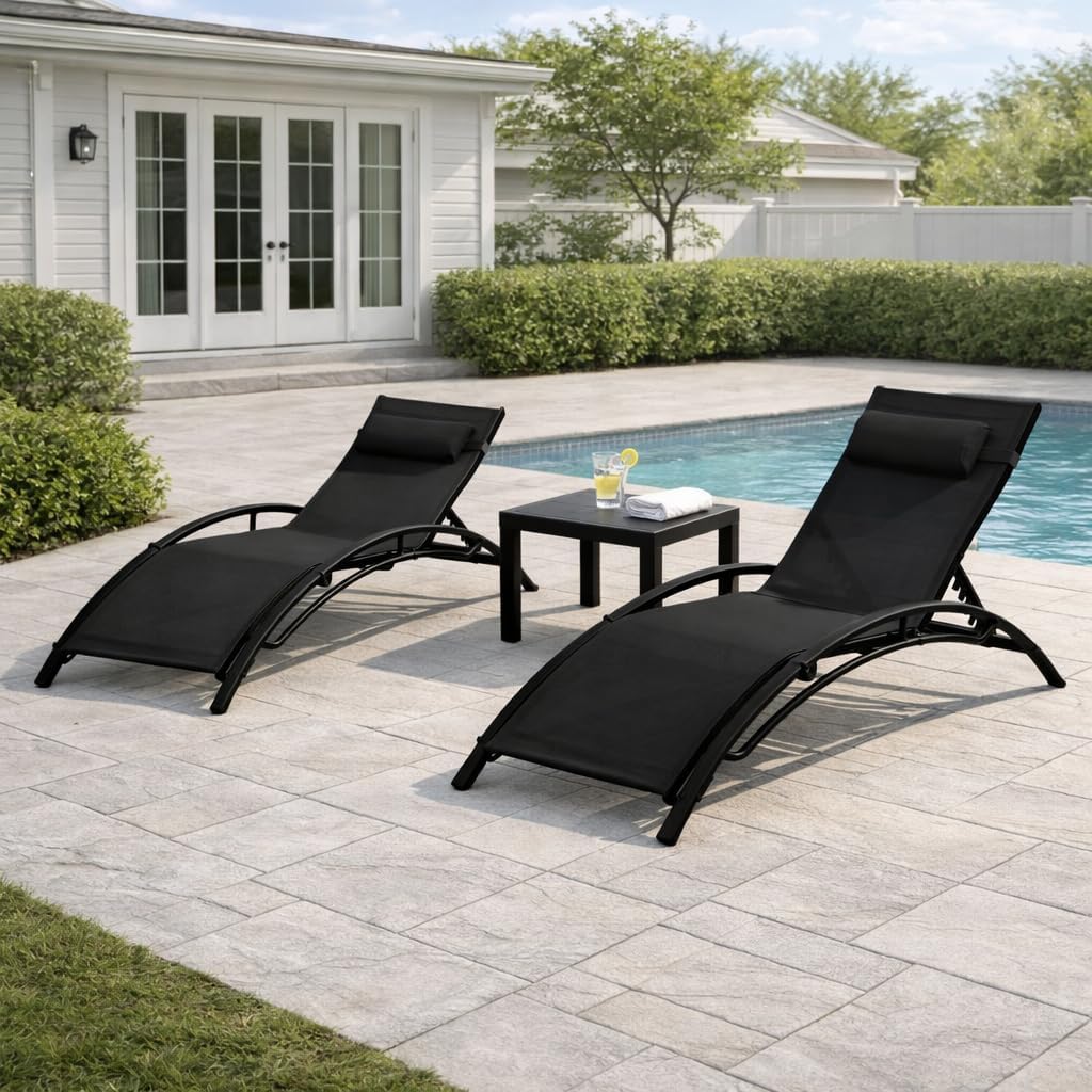 3PC Khaki Reclining Chaise Lounge with Side Table
