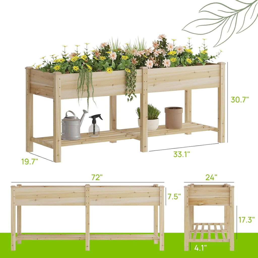 72x24x30.7in Wooden Planter Box with Storage Shelf Raised Garden Bed with Legs Elevated Wood Planter Box for Vegetables Flowers Herbs Garden Planter for Backyard Patio Balcony (Natural, Large)