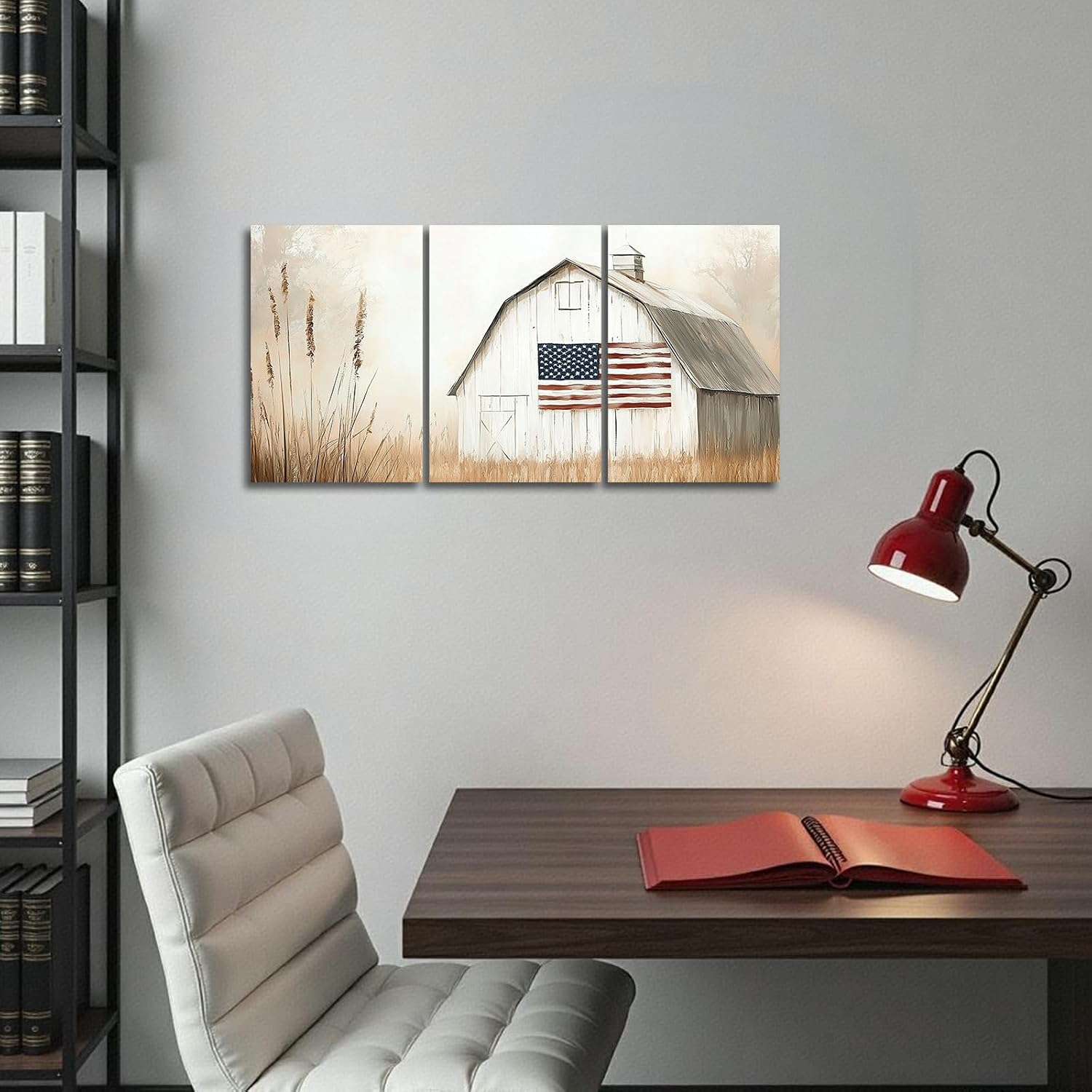 YMXDYMJSW 3 Pieces Vintage Barn Wall Art American Flag & Barn Pictures Farmhouse Landscape Canvas Prints Patriotic Flag Paintings for Living Room Decor Frame (White,16.00" x 24.00" x 3PCS)
