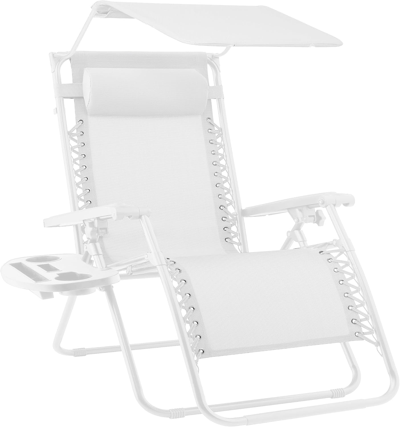Best Choice Products Folding Zero Gravity Outdoor Recliner Patio Lounge Chair w/Adjustable Canopy Shade, Headrest, Side Accessory Tray, Textilene Mesh - Beige