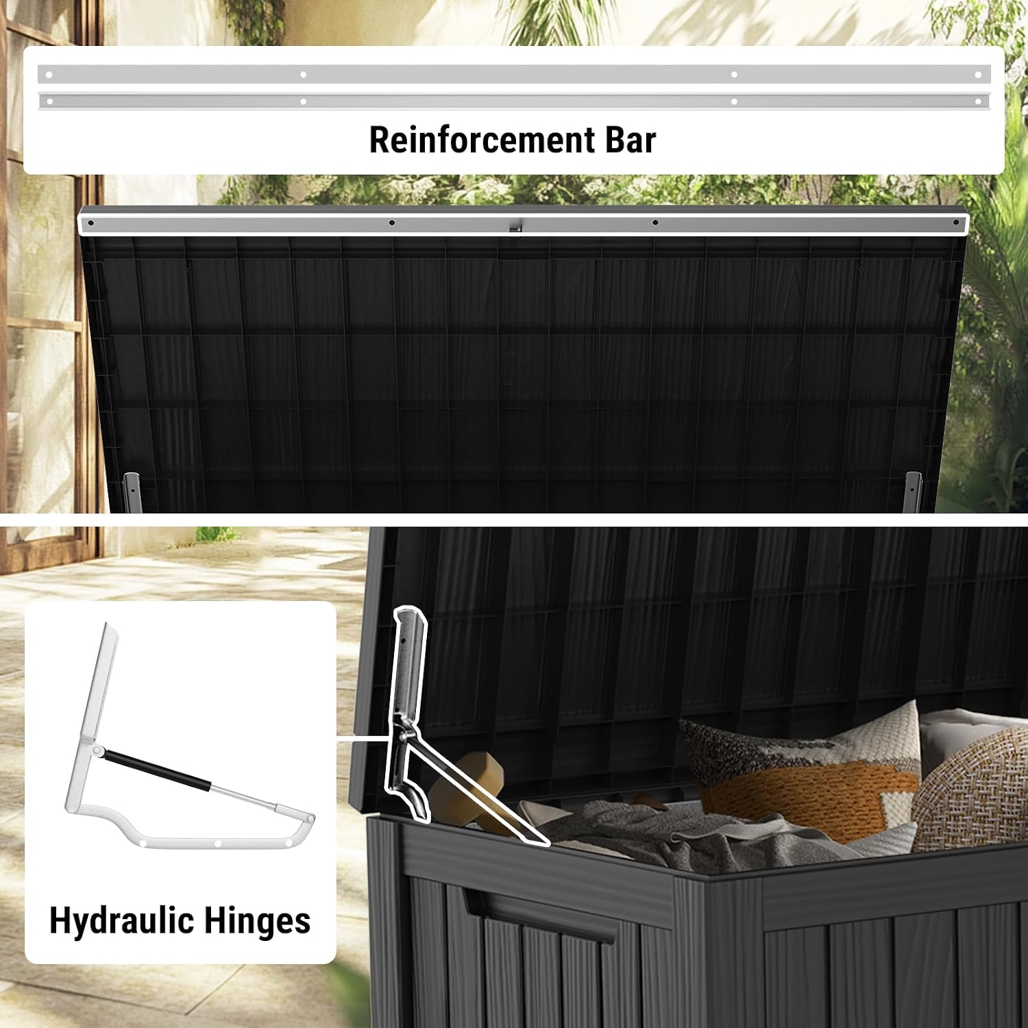 Mars Villa 180 Gallon Outdoor Storage Box Waterproof, Extra Large Resin Deck Box, Outside Storage Bin for Patio Furniture Cushion, Pool Supply, Sports Gear, UV Resistant and Weatherproof, Black