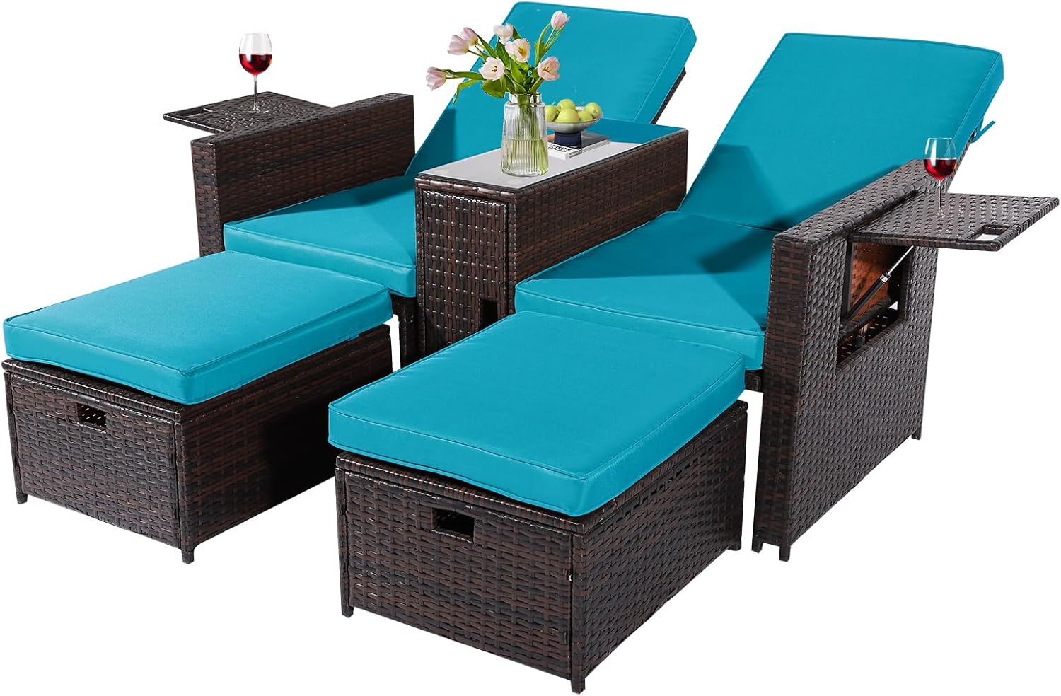 5PCS Outdoor Wicker Chaise Lounge Chair - Rattan Adjustable Reclining Patio Lounge Chair with Ottoman and Coffee Table, for Patio Beach Pool Backyard (Black Wicker Khaki Cushion)