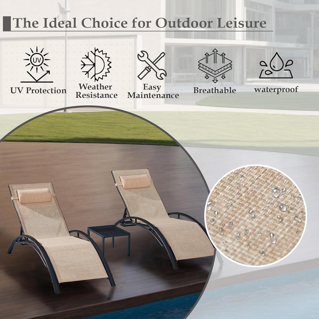 3PC Khaki Reclining Chaise Lounge with Side Table