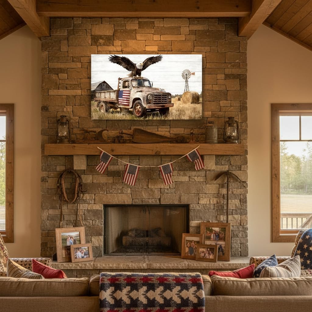 Fochorlo Farm Wall Decor Rustic Truck Wall Art Bald Eagle Painting American Flag Picture for Living Room Bed Room 20"X36"