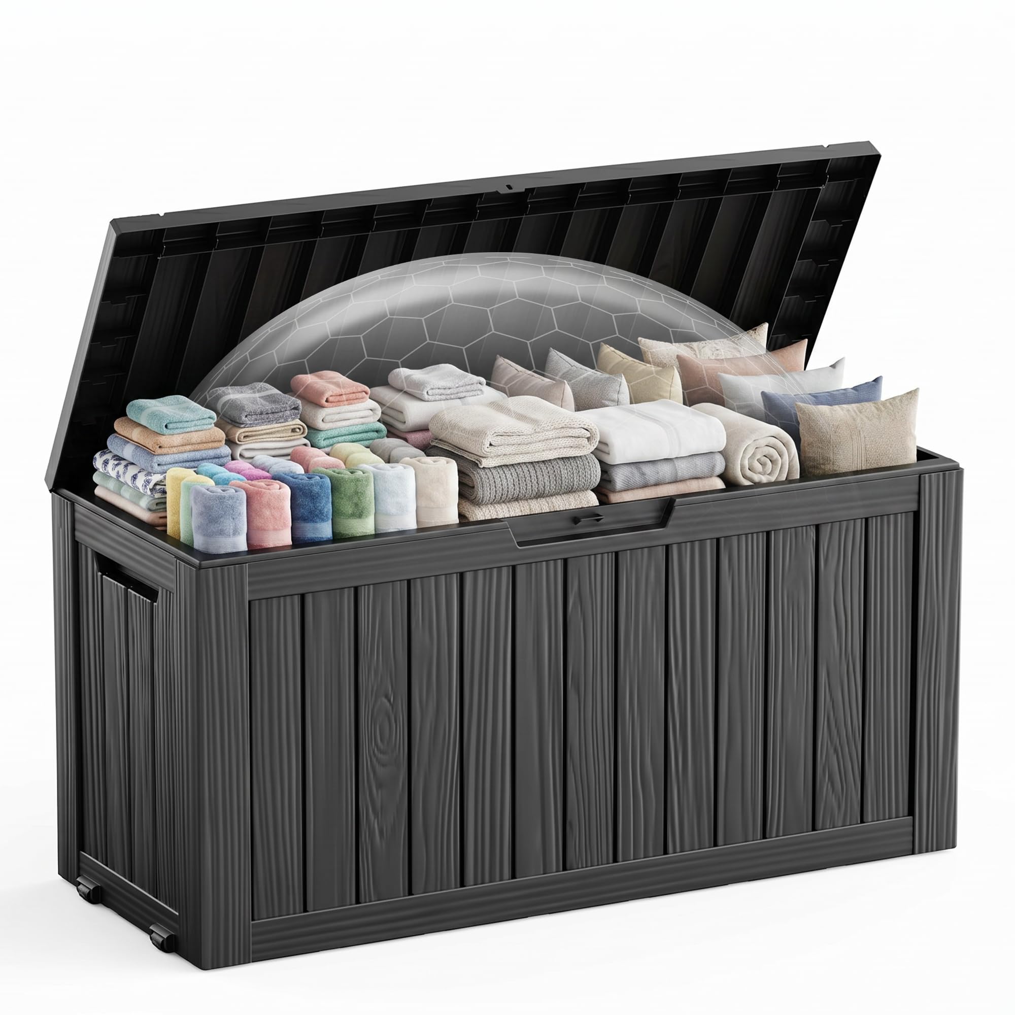 EasyUp 85 Gallon Outdoor Storage Box, Resin Waterproof UV-Resistant Deck Box, Reinforced Stability for Patio, Garden, and Poolside, Striped Black