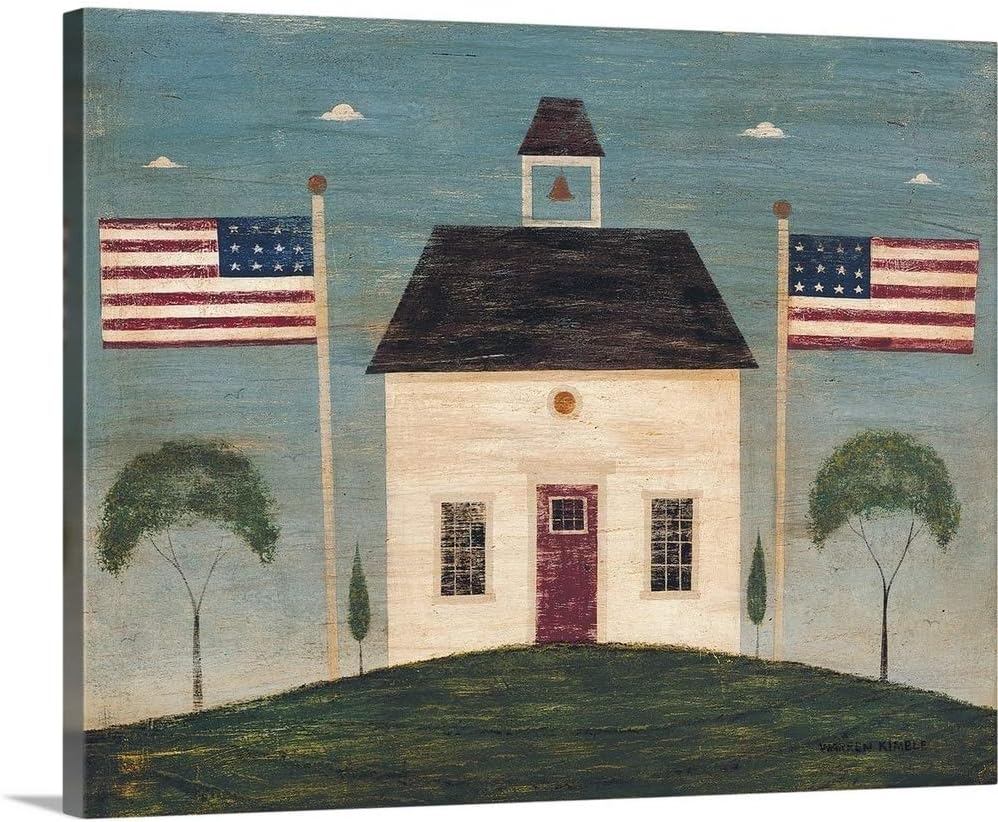 CANVAS ON DEMAND School House Canvas Wall Art Print by Warren Kimble, Home Decor, Patriotic, American Flag Artwork,20" x16in