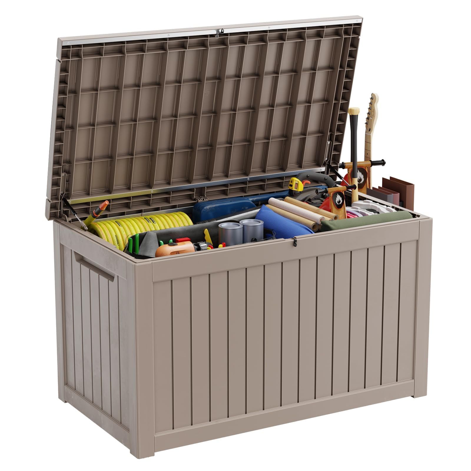 PatioZen 31 Gallon Wicker Pattern Resin Deck Box, Lockable Patio Outdoor Storage Box for Furniture, Garden Tools and Tools Storage, Waterproof Outside Storage Box (Grey)