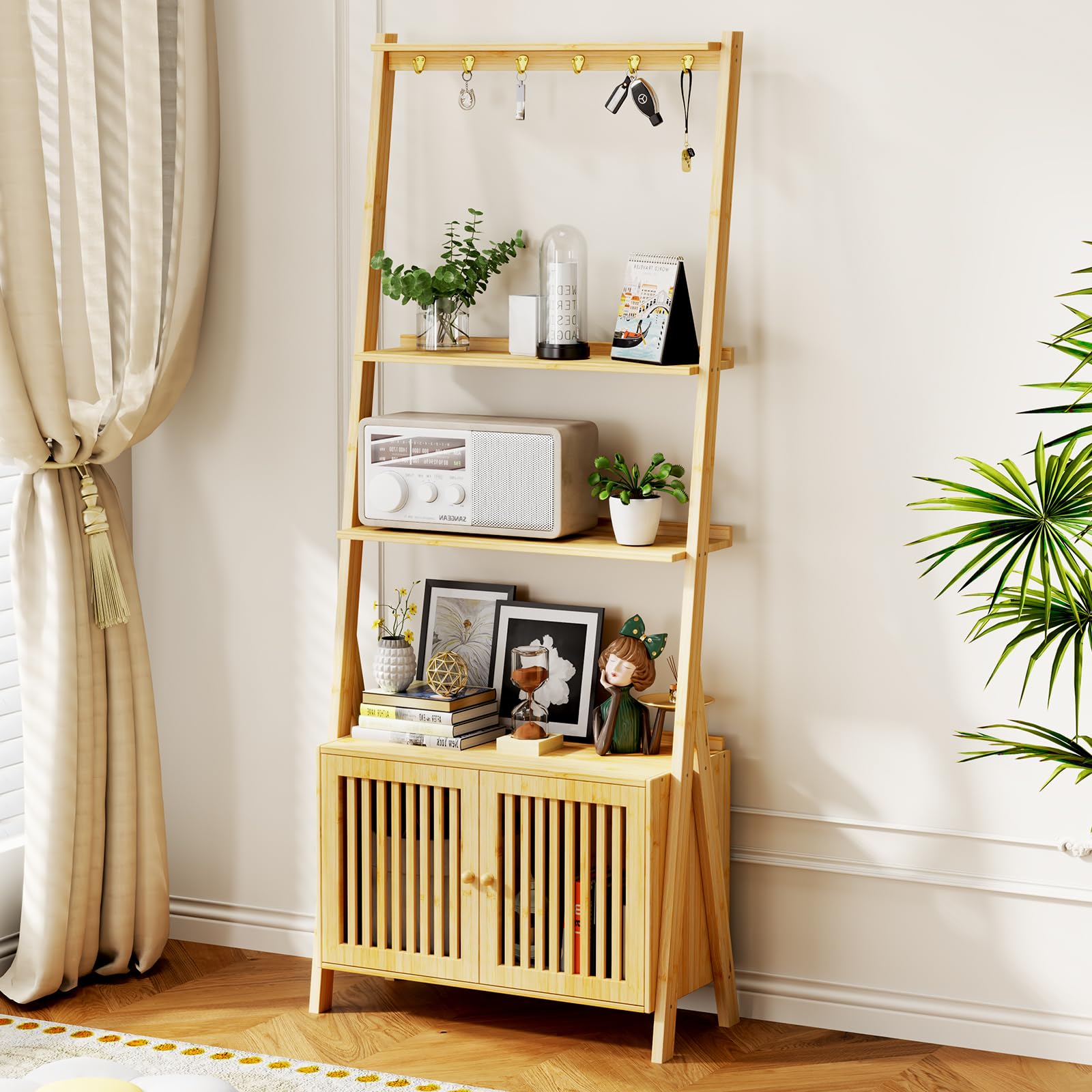 39.4" Bamboo Ladder Shelf Plant Shelf, 3 Tier Foldable Ladder Flower Pot Display Shelf Rack, 23.6"W x 15"D x 39.4"H, Freestanding Bookshelf for Garden, Balcony, Yard, Patio, Lawn, Living Room, Walnut