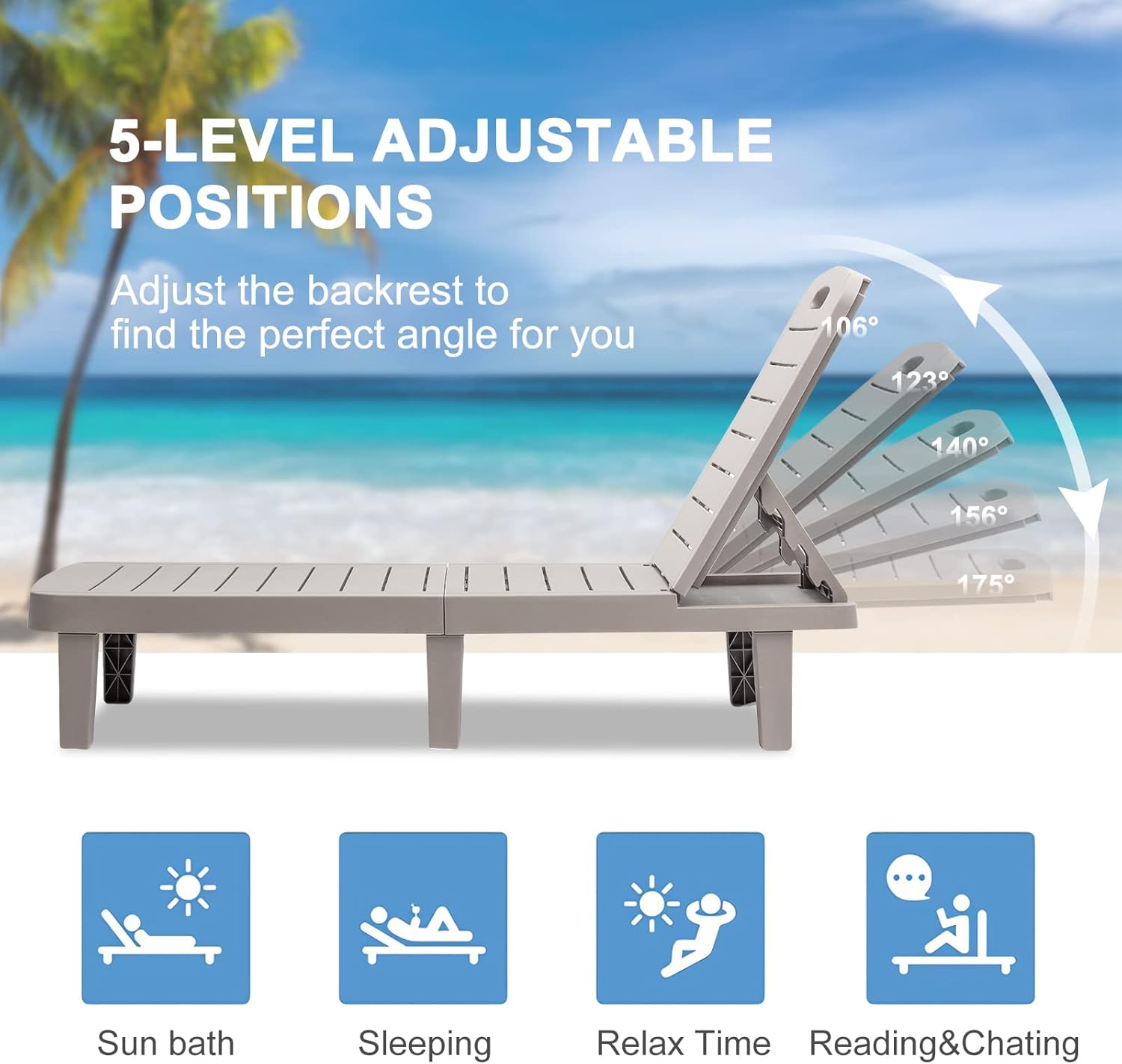 Outdoor Chaise Lounge Set of 4, Waterproof Resin Lounge Chairs for Outside w/Adjustable 5 Positions All Weather Use Recliner Chair for Patio, Poolside, Beach, Yard, Grey