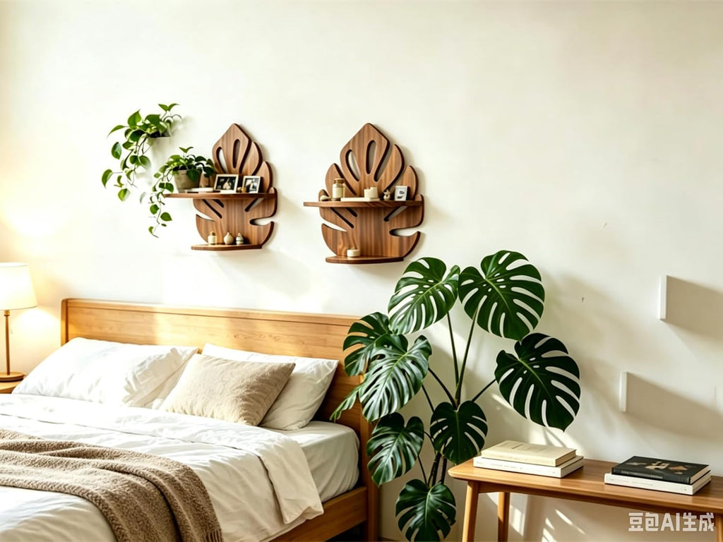 Valpeak 2 Pack Double Layer Floating Shelves for wall 15.8"*12.4" Palm Leaf Plant Shelf for Living Room, Bedroom, Kitchen, Office Decor