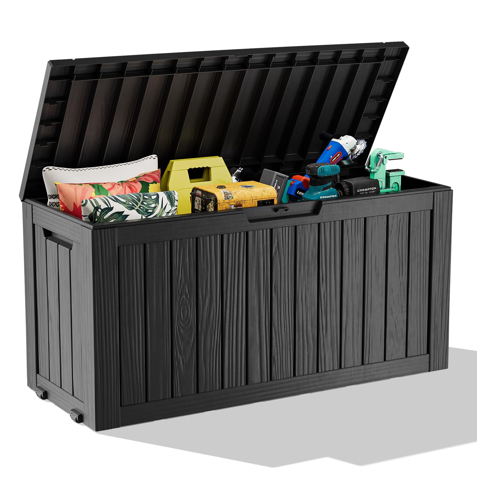 PatioZen 31 Gallon Wicker Pattern Resin Deck Box, Lockable Patio Outdoor Storage Box for Furniture, Garden Tools and Tools Storage, Waterproof Outside Storage Box (Grey)