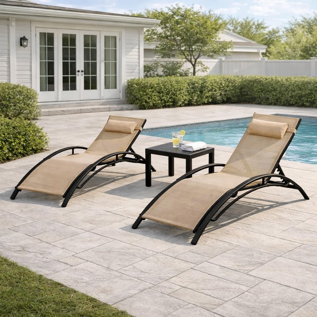 3PC Khaki Reclining Chaise Lounge with Side Table