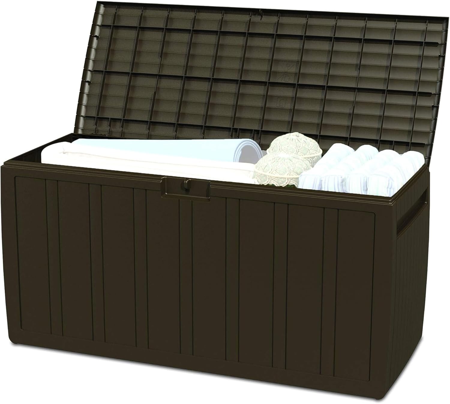 Ram Quality Products 71 Gallon Plastic Outdoor Backyard Storage Bin Deck Box for Patio Furniture Cushions,Tools, and Pool Accessories, Brown