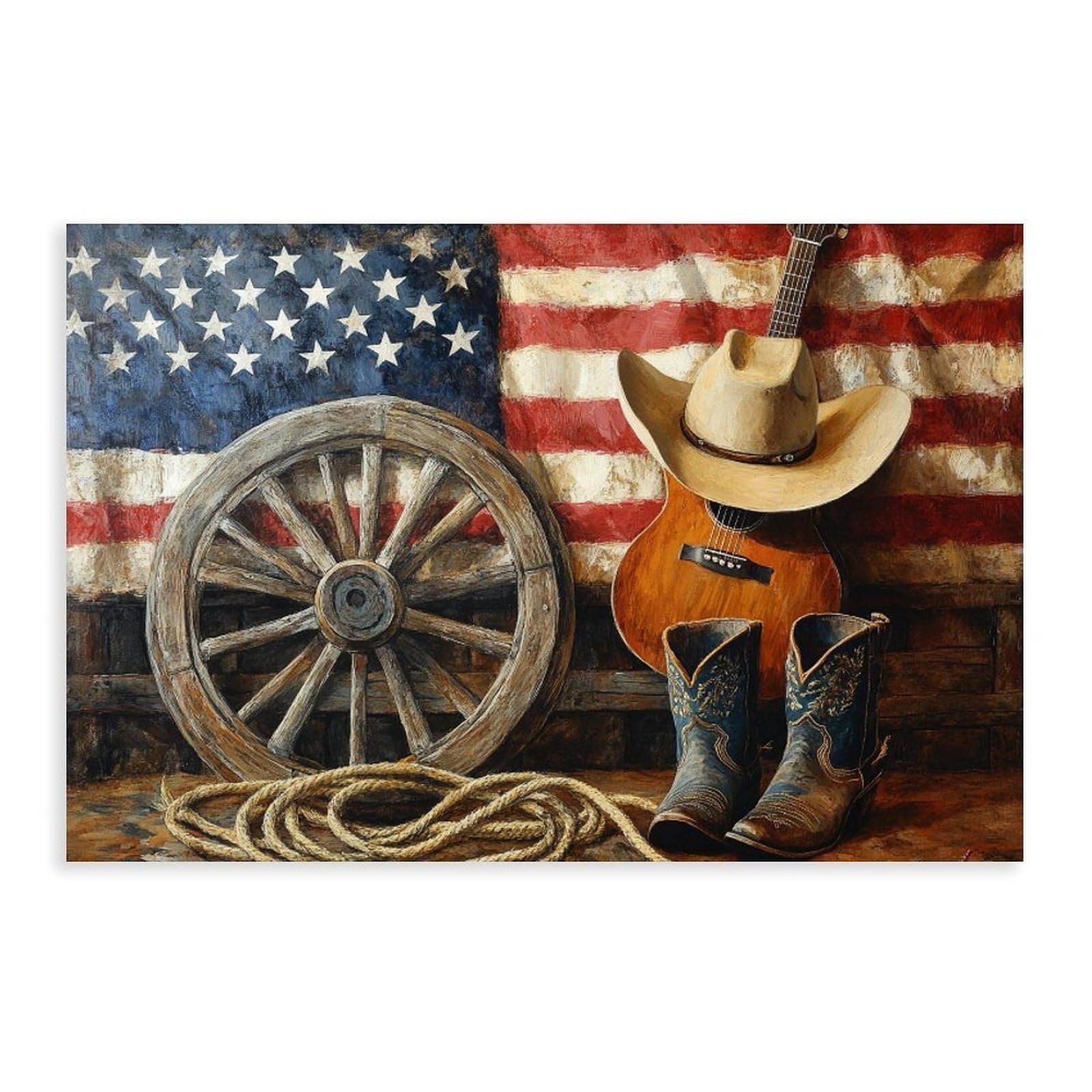 UZWGG 1pcs Framed Wall Art Classic Farmhouse Pastoral Wall Decoration Red Old Barn Truck Canvas Print American Flag Decoration Painting Independence Day Gift Wrapped Canvas 24x36inch(60x90cm)