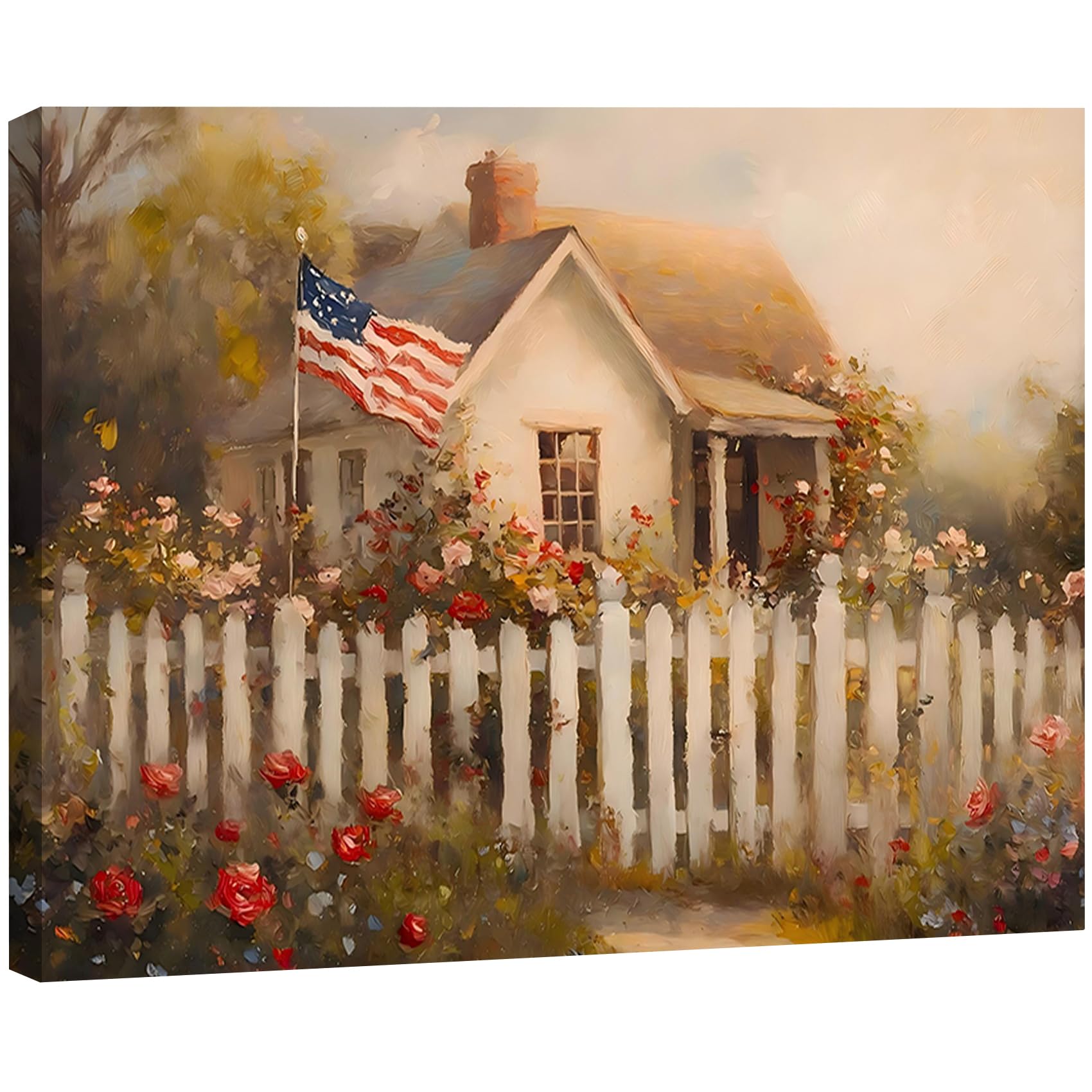 Vintage American Flag Wildflower Canvas Wall Art for Living Room, Framed Patriotic 4th of July Canvas Prints Pictures, Rustic Farmhouse Artwork for Enterway Bedroom Bathroom Wall Decor
