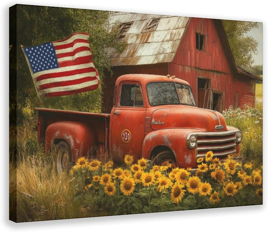 UZWGG 1pcs Framed Wall Art Classic Farmhouse Pastoral Wall Decoration Red Old Barn Truck Canvas Print American Flag Decoration Painting Independence Day Gift Wrapped Canvas 24x36inch(60x90cm)