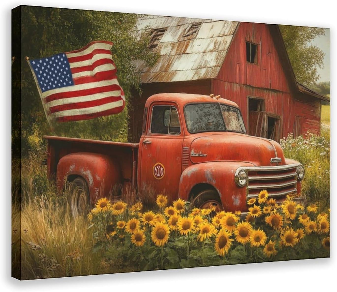 UZWGG 1pcs Framed Wall Art Classic Farmhouse Pastoral Wall Decoration Red Old Barn Truck Canvas Print American Flag Decoration Painting Independence Day Gift Wrapped Canvas 24x36inch(60x90cm)