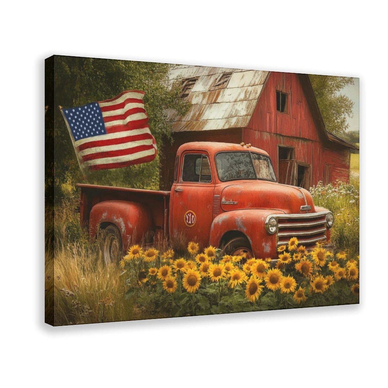 UZWGG 1pcs Framed Wall Art Classic Farmhouse Pastoral Wall Decoration Red Old Barn Truck Canvas Print American Flag Decoration Painting Independence Day Gift Wrapped Canvas 24x36inch(60x90cm)