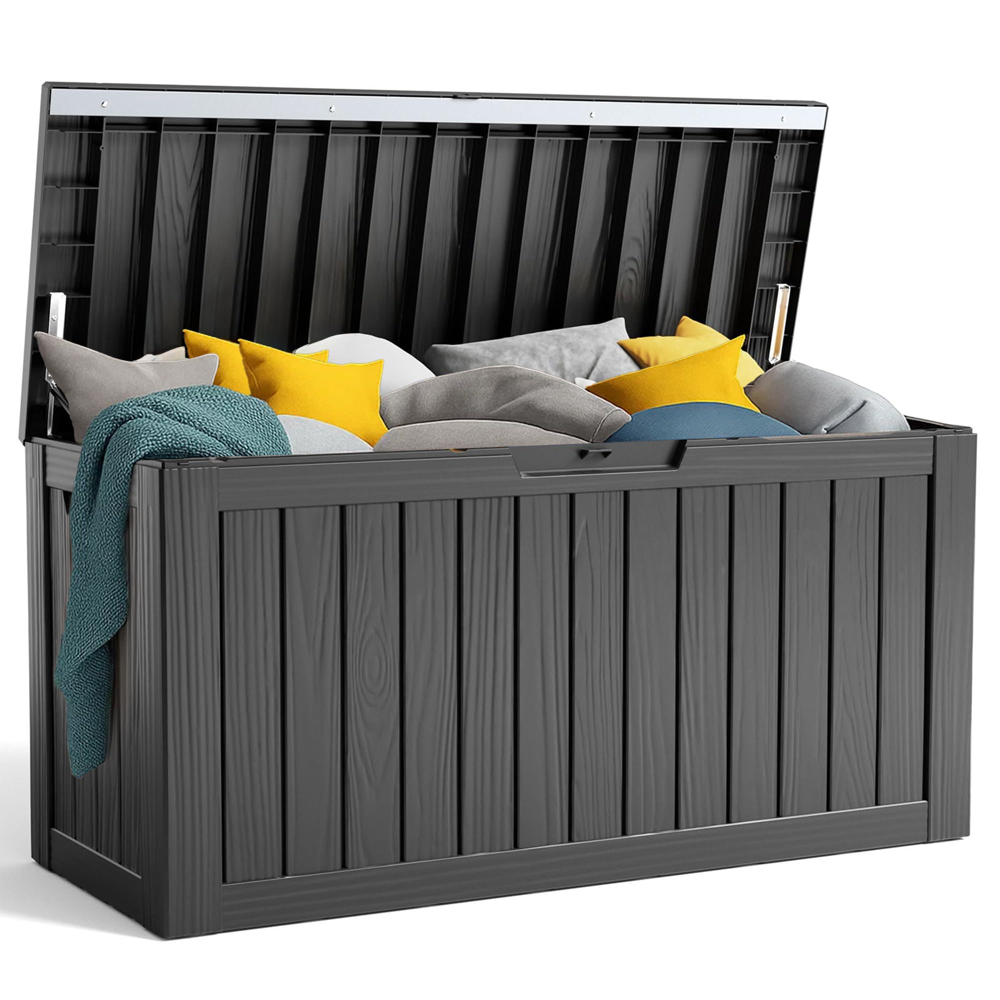 PatioZen 31 Gallon Wicker Pattern Resin Deck Box, Lockable Patio Outdoor Storage Box for Furniture, Garden Tools and Tools Storage, Waterproof Outside Storage Box (Grey)