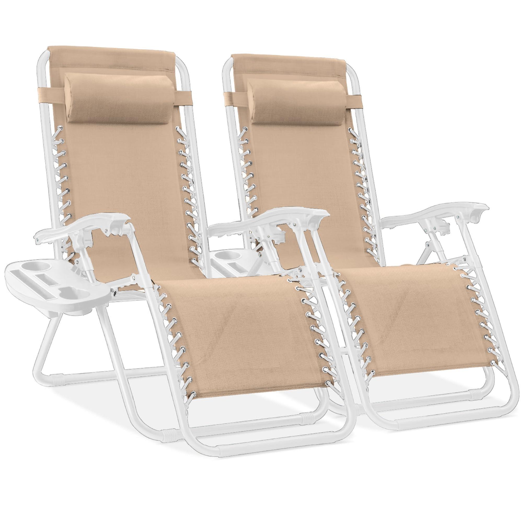 Best Choice Products Set of 2 Adjustable Steel Mesh Zero Gravity Lounge Chair Recliners w/Pillows and Cup Holder Trays - Ice Gray