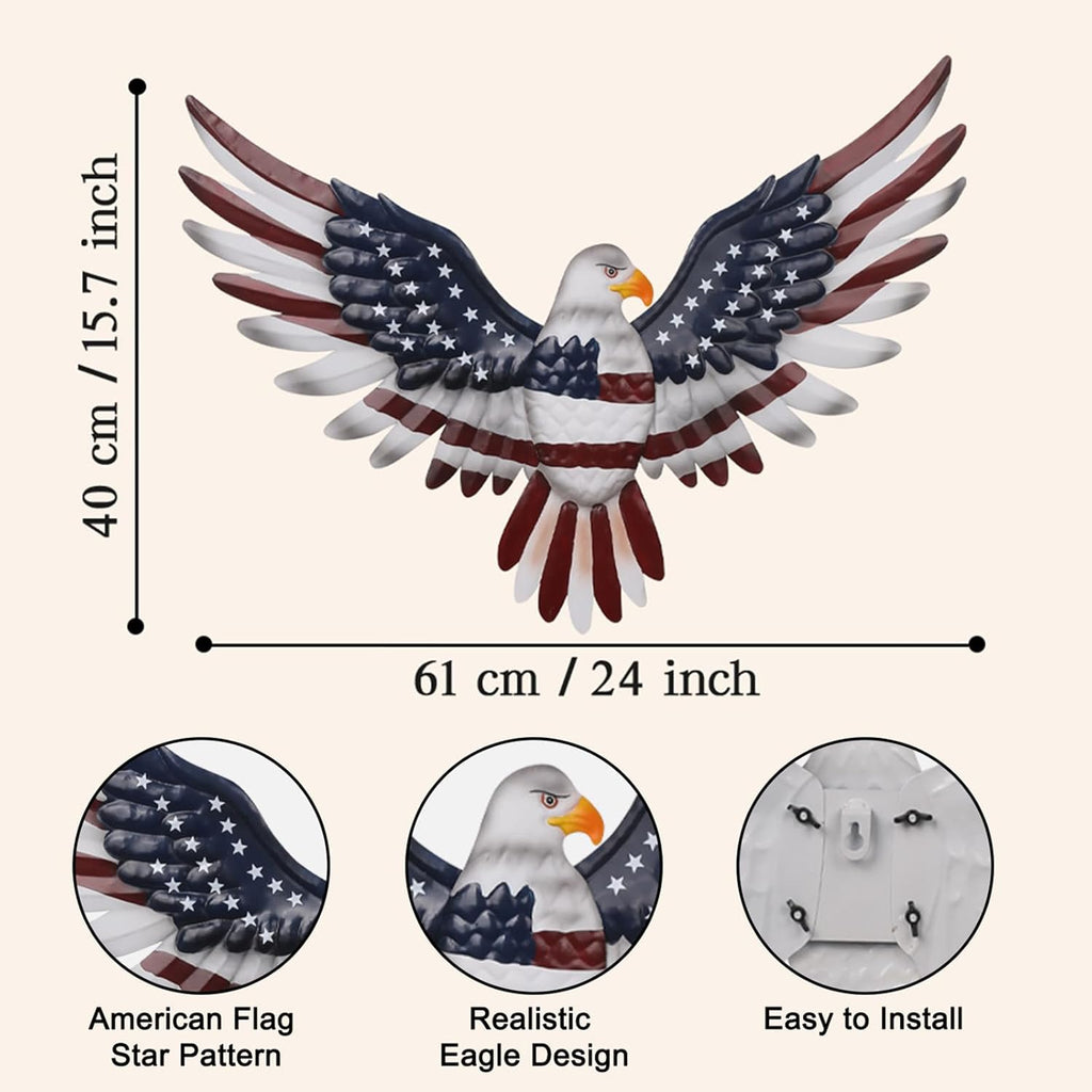 Patriotic Bald Eagle Metal Wall Hanging, Indoor & Outdoor Holiday Decor