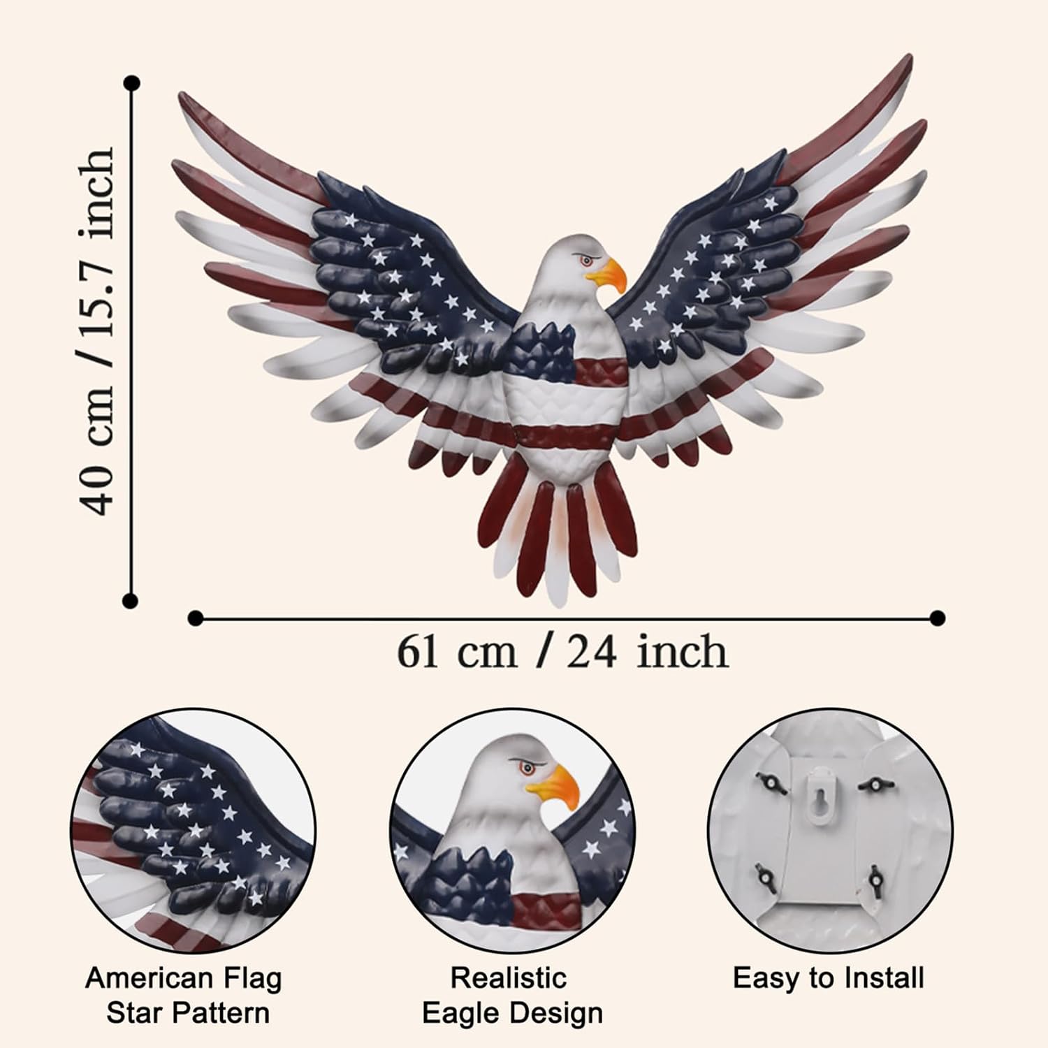 Patriotic Bald Eagle Metal Wall Hanging, Indoor & Outdoor Holiday Decor