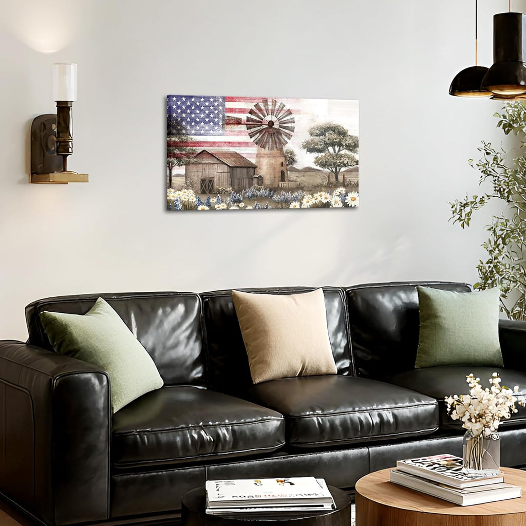 Conipit Rustic Farmhouse Wall Art American Flag Farmhouse Wall Decor with Barn and Windmill Patriotic Country Decor, Canvas Print 20''x36'' (brown red)