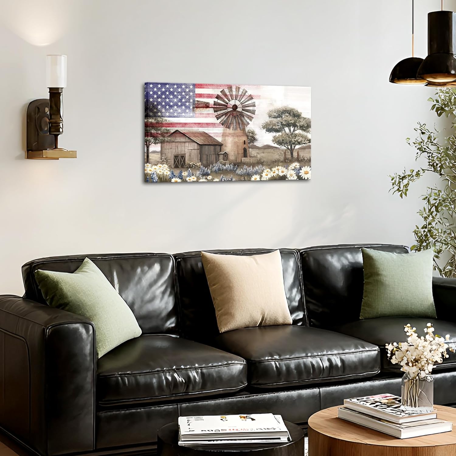 Conipit Rustic Farmhouse Wall Art American Flag Farmhouse Wall Decor with Barn and Windmill Patriotic Country Decor, Canvas Print 20''x36'' (brown red)