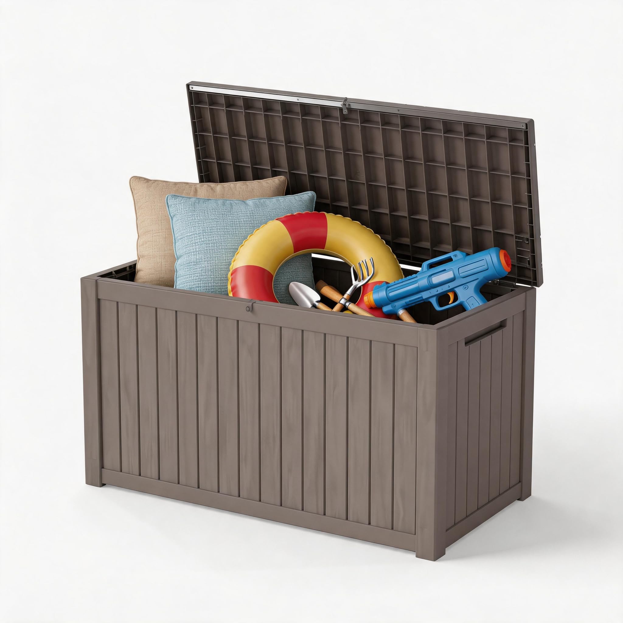 80 Gallon Deck Box with Wheels, Waterproof Resin Outdoor Storage, Easy Assembly, Rolling Bin for Patio Cushions, Pool Toys & Garden Tools, Brown