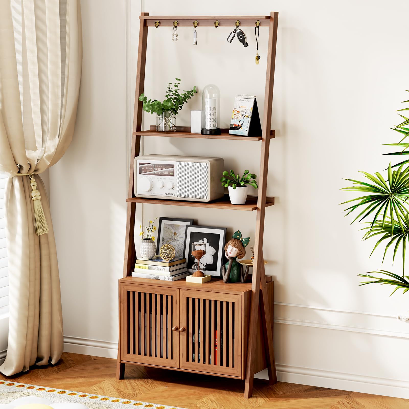 39.4" Bamboo Ladder Shelf Plant Shelf, 3 Tier Foldable Ladder Flower Pot Display Shelf Rack, 23.6"W x 15"D x 39.4"H, Freestanding Bookshelf for Garden, Balcony, Yard, Patio, Lawn, Living Room, Walnut