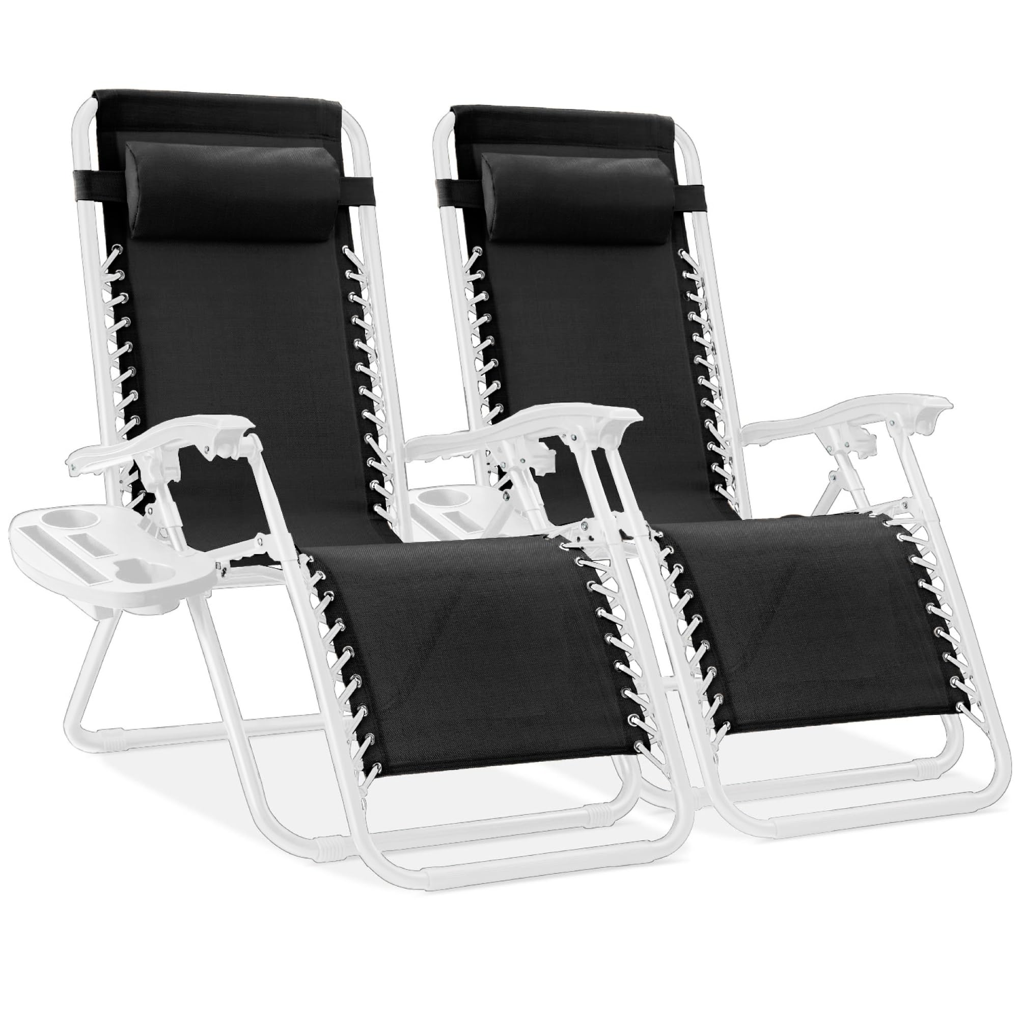 Best Choice Products Set of 2 Adjustable Steel Mesh Zero Gravity Lounge Chair Recliners w/Pillows and Cup Holder Trays - Ice Gray