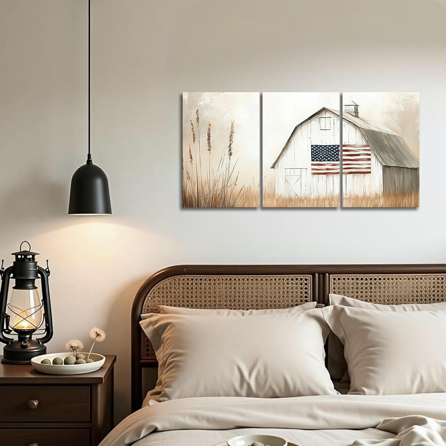 YMXDYMJSW 3 Pieces Vintage Barn Wall Art American Flag & Barn Pictures Farmhouse Landscape Canvas Prints Patriotic Flag Paintings for Living Room Decor Frame (White,16.00" x 24.00" x 3PCS)
