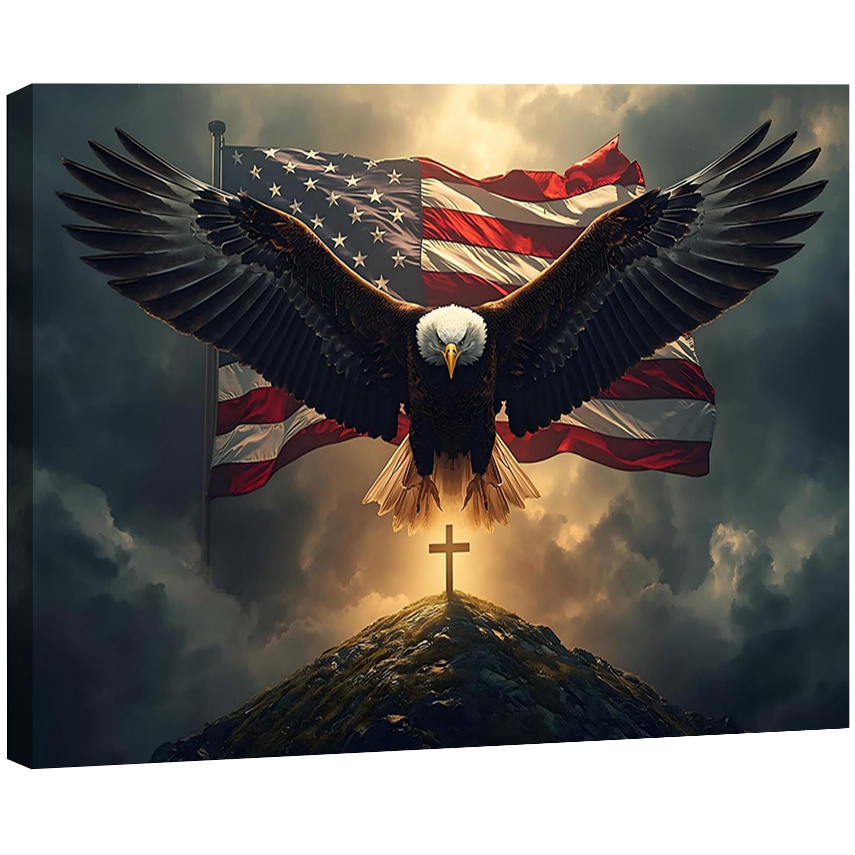 Vintage American Flag Wildflower Canvas Wall Art for Living Room, Framed Patriotic 4th of July Canvas Prints Pictures, Rustic Farmhouse Artwork for Enterway Bedroom Bathroom Wall Decor