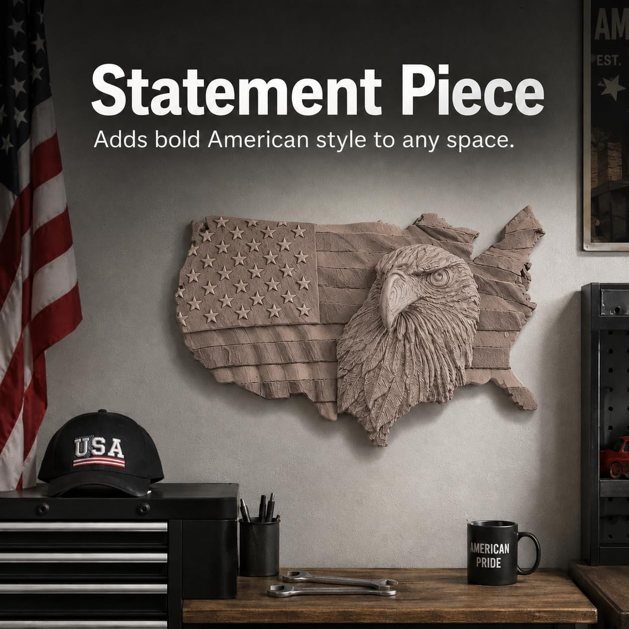 American Flag Eagle Wall Decor, Wood Colored | 3D Patriotic USA Map Wall Mount, Raised Eagle Stars and Stripes, July 4th Independence Day Decor, 12 Inch