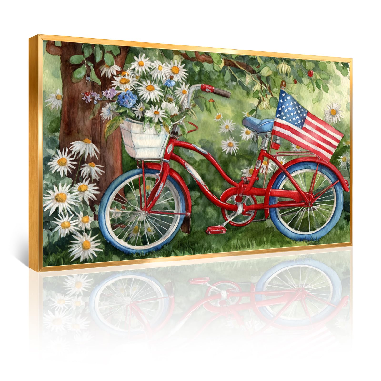 Azatyam American Flag Wall Art Patriotic Floral Picture USA Americana Decor Red White Rose Painting Wildflower Canvas Prints Vintage Country Style Artwork for Living Room Office Bedroom Wall Decor 16" x 24"