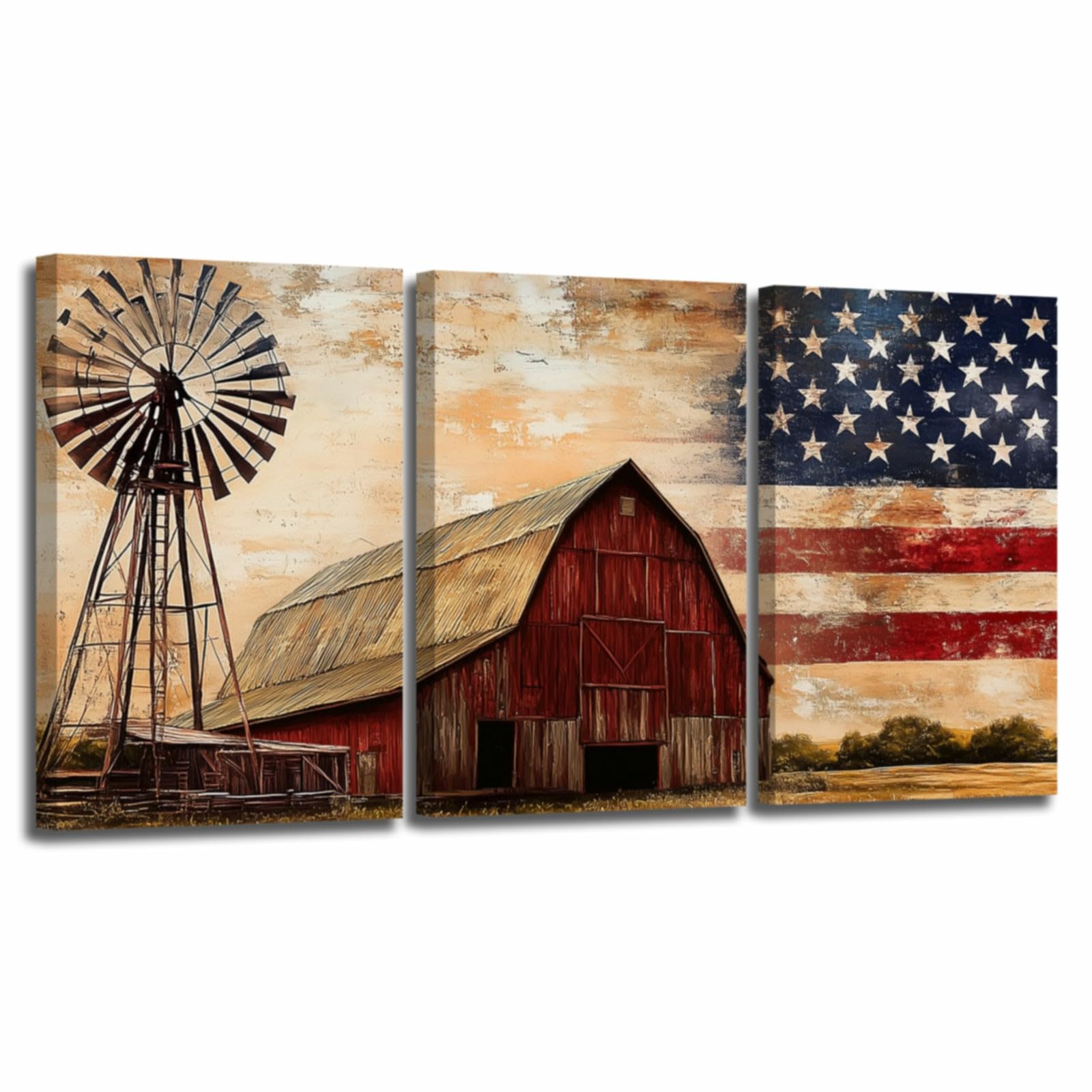 YMXDYMJSW 3 Pieces Vintage Barn Wall Art American Flag & Barn Pictures Farmhouse Landscape Canvas Prints Patriotic Flag Paintings for Living Room Decor Frame (White,16.00" x 24.00" x 3PCS)
